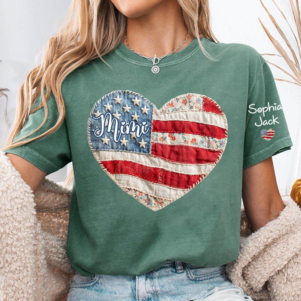 Personalized Patriotic Grandma Heart Shirt, Custom Mimi Nana Gigi Floral Flag Tee with Kids Names Sleeve, American Flag Patchwork 4th of July Gift for Grandma Mothers Day Birthday Shirt