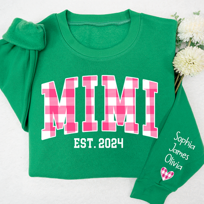 Custom Nickname Mimi Buffalo Plaid Pink And GrandKids Names Christmas 2024 Sweatshirt