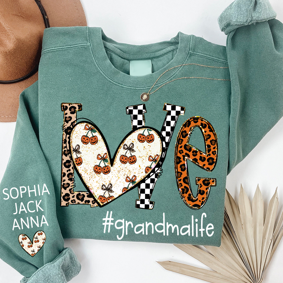 Love grandmalife Pumpkin Leopard Gift For Grandma And Grandkids Names on Sleeve Sweatshirt