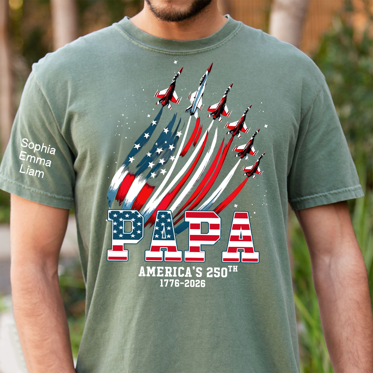 Personalized Papa Patriotic American Flag Shirt with Kids Names, Custom Family Nickname T-Shirt for Dad Fathers Day 4th of July America’s 250th 1776-2026