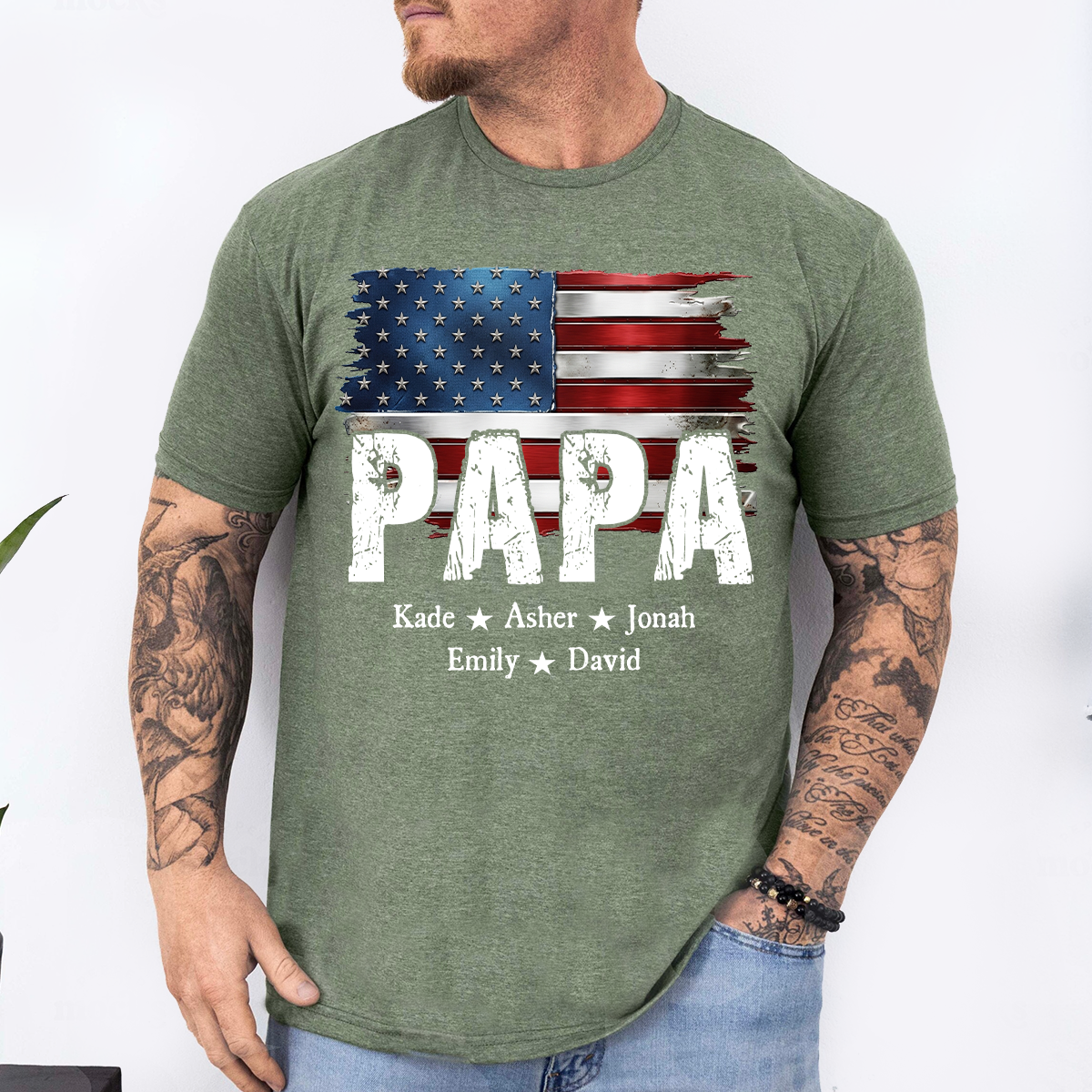 Personalized Papa Shirt Custom Kids Names Patriotic USA Flag, Custom Family Nickname for Dad Grandpa Birthday Father's Day Gift