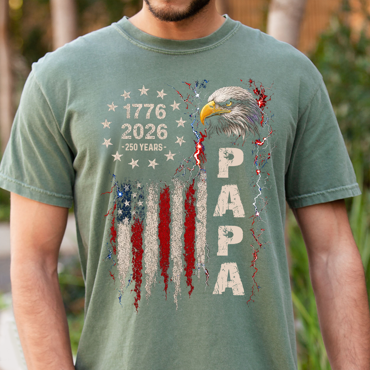 Personalized Papa Patriotic American Flag Shirt with Kids Names on Sleeve, Custom Grandpa Shirt, U.S. 250th Anniversary 250 Years of Freedom, Fathers Day Family Gift