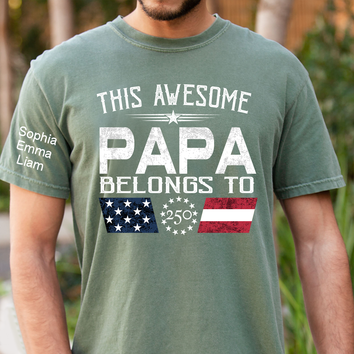 This Awesome Papa Belongs To Shirt, Personalized Patriotic Grandpa T-Shirt with Kids Names, U.S. 250th Anniversary Independence Day Gift