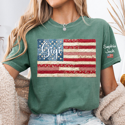Personalized Gigi Patriotic Patchwork Flag Shirt with Custom Kids Names on Sleeve, Vintage Grandma Family Shirt for Women, 4th of July Birthday Shirt