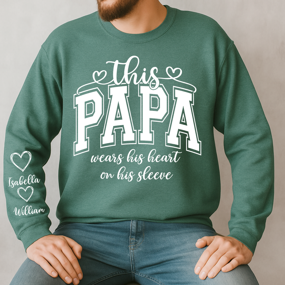 This Papa Wears His Heart On His Sleeve Shirt with Grandkids’ Names, Custom Gift for Grandpa And Kids, Papa Gift Sweatshirt