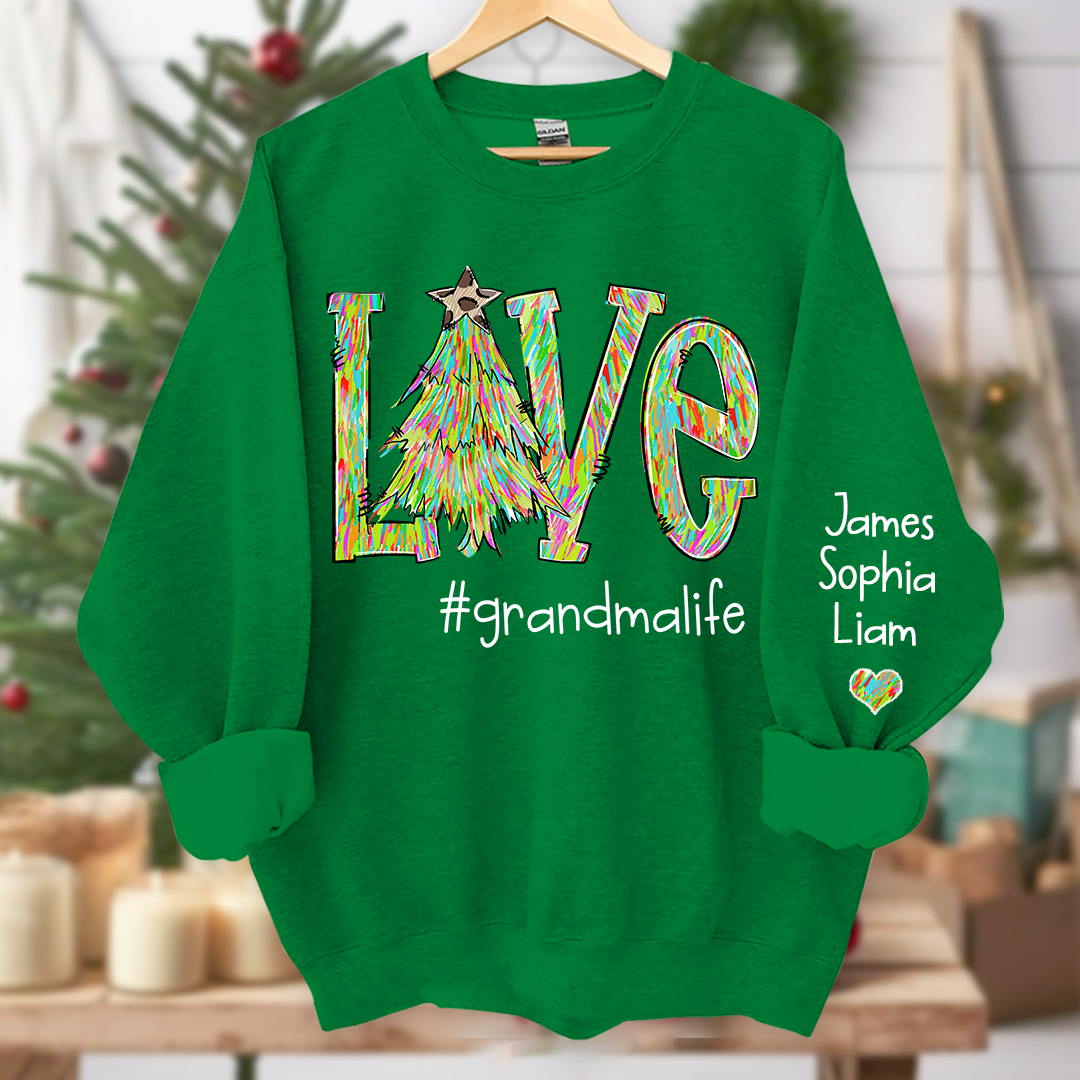Love Tree Color Leopard Print Merry Christmas Grandmalife and Grandkids on sleeve Sweatshirt