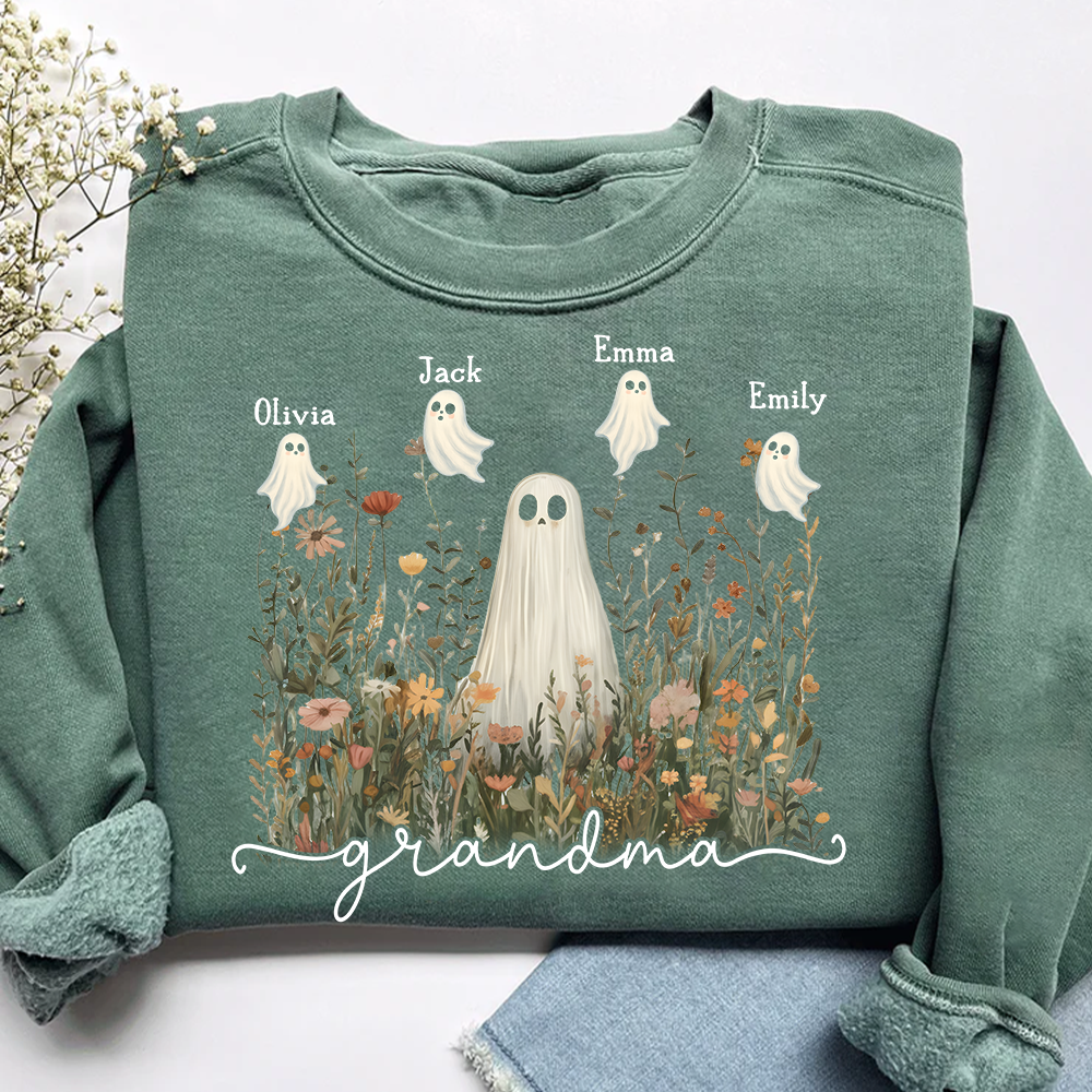 Grandma Cute Ghost in Wildflowers Halloween And Grandkids Sweatshirt