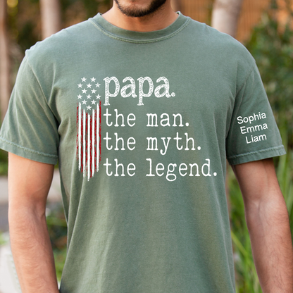 Personalized Papa The Man The Myth The Legend American Flag Shirt with Kids Names, Custom Family Nickname T-Shirt for Dad Fathers Day Gift