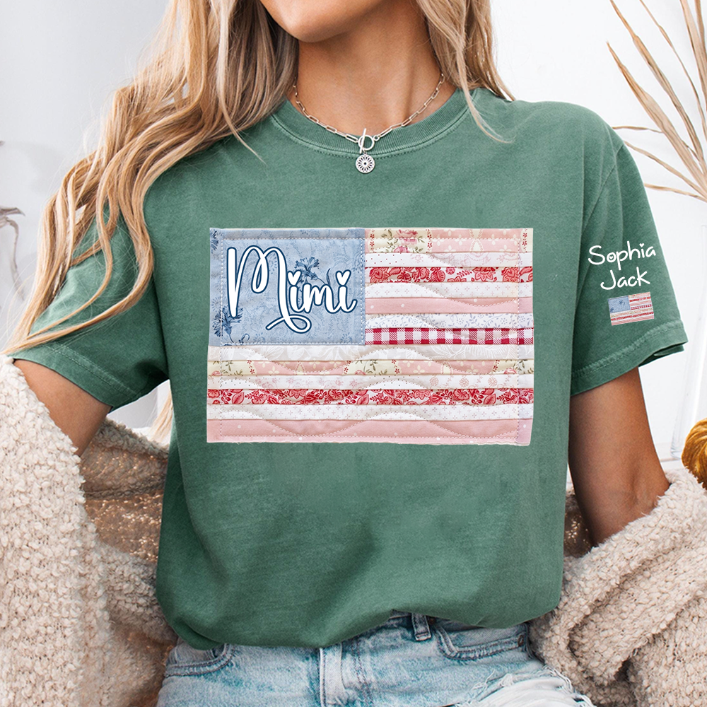 Personalized Mimi Patriotic Patchwork Flag Shirt with Custom Kids Names on Sleeve, Vintage Family Grandma Tee for Women, 4th of July Birthday Shirt