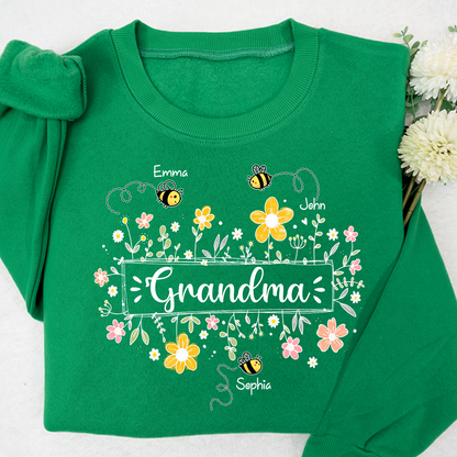 Personalized Grandma Bee Flower And Grandkids Sweatshirt