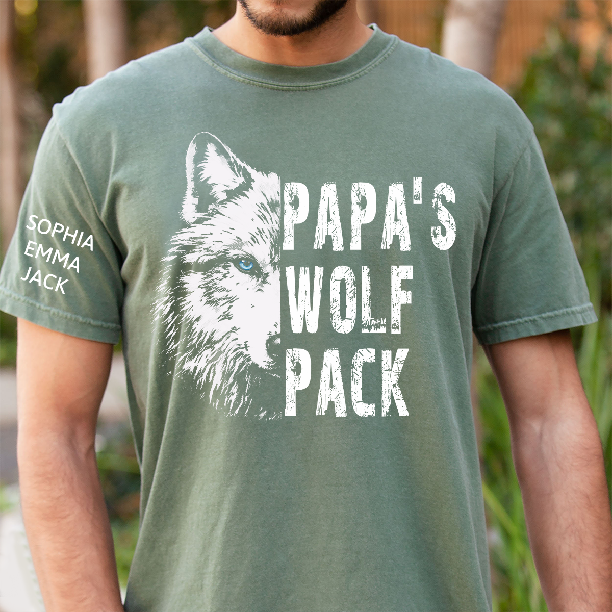 Papa's Wolf Pack Shirt, Personalized Grandpa Wolf T Shirt with Kids Names on Sleeve, Custom Papa Gift for Father's Day Birthday Tee