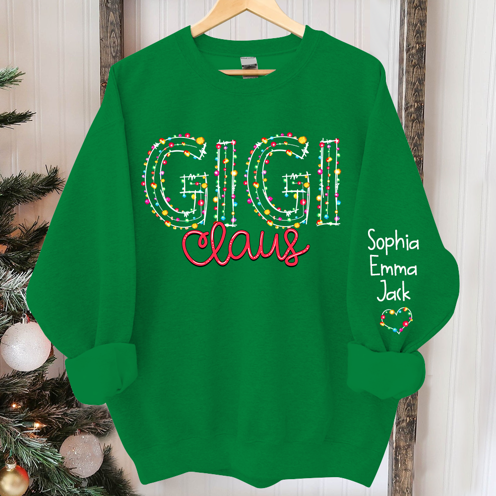 Personalized Gigi Claus Christmas lights And Grandkids Christmas Merry Sweatshirt