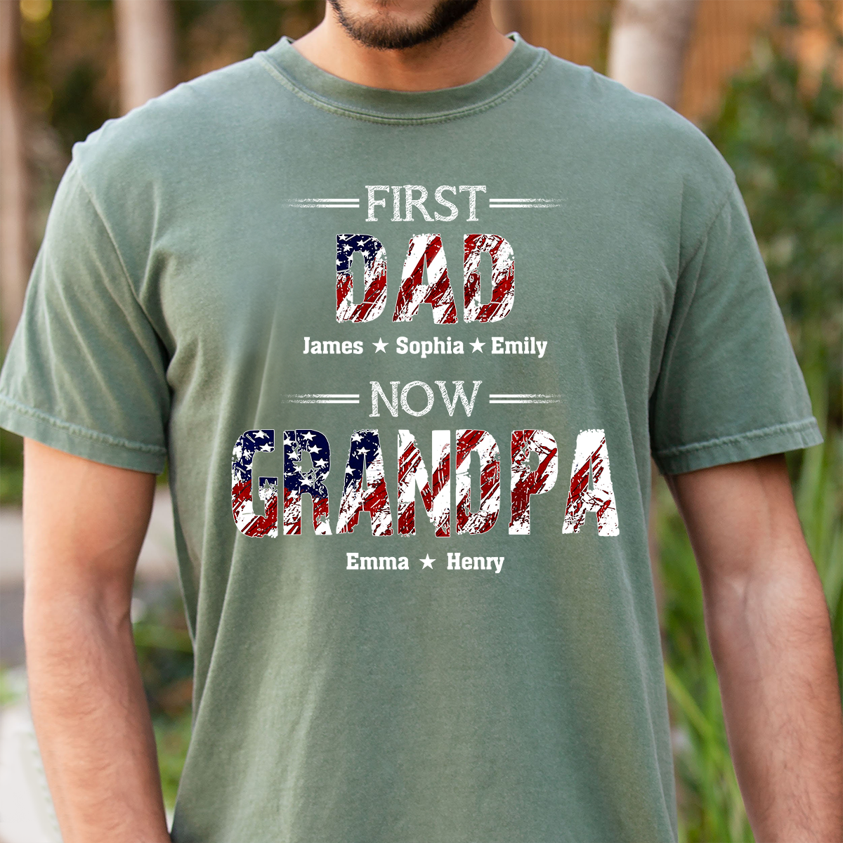 First Dad Now Grandpa Custom Name Shirt, Patriotic USA Flag Grandpa Design, Personalized Family Names Gift For Father's Day 4th Of July