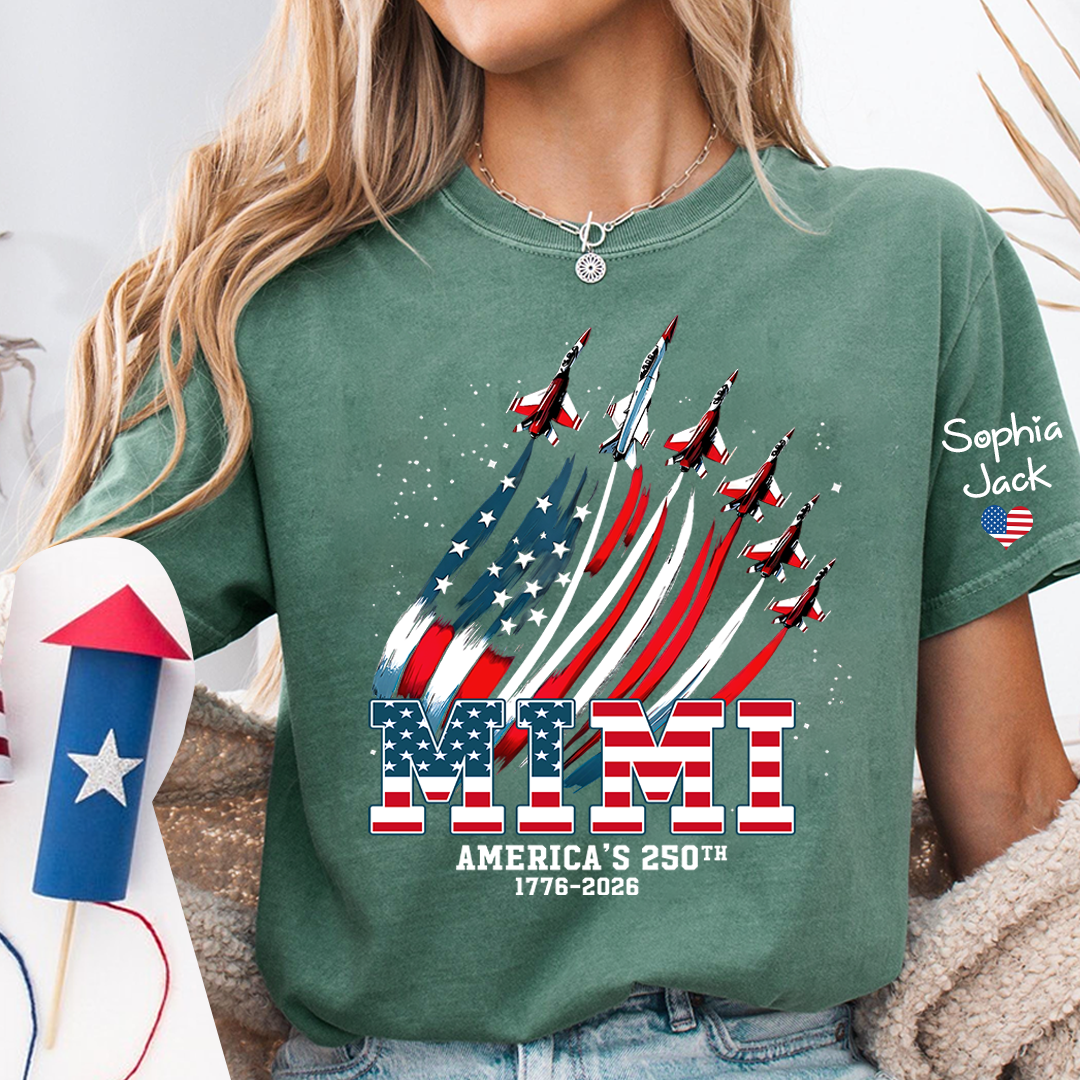 Personalized Mimi America’s 250th Anniversary Shirt, Custom Grandma Nana Gigi Patriotic T Shirt, USA Flag 4th of July Family Apparel