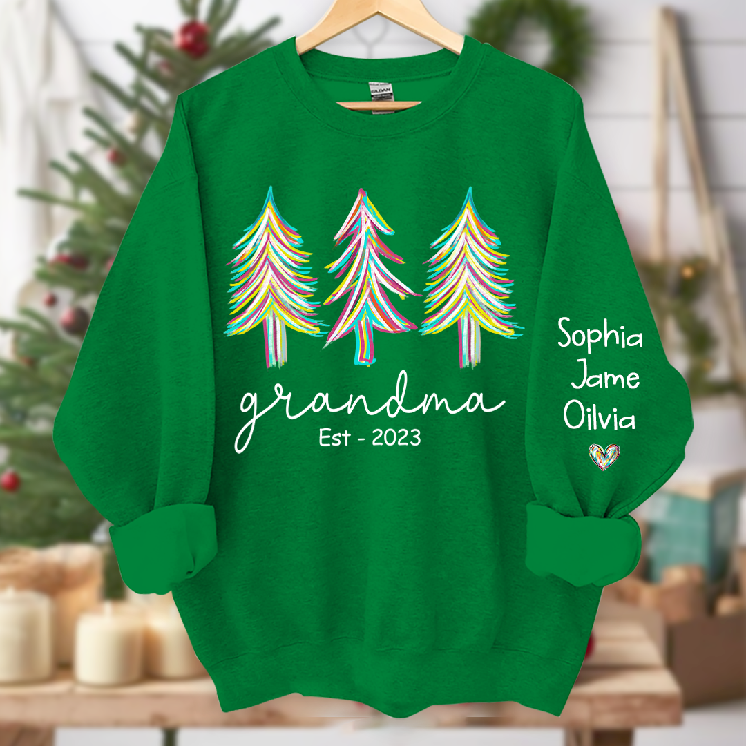 Grandma Est Christmas trees color paint And Grandkids Names Sweatshirt