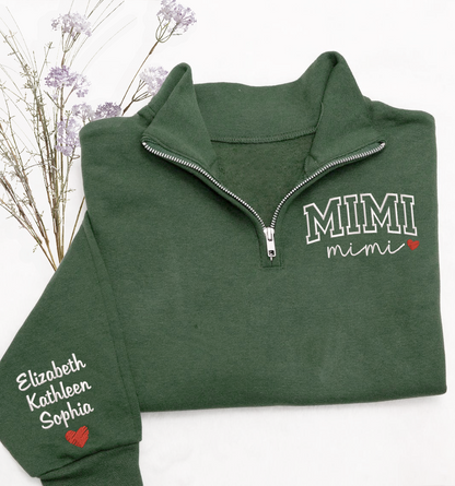 Custom Mimi Heart Sweatshirt, Personalized Mimi Embroidered Quarter Zip Sweater