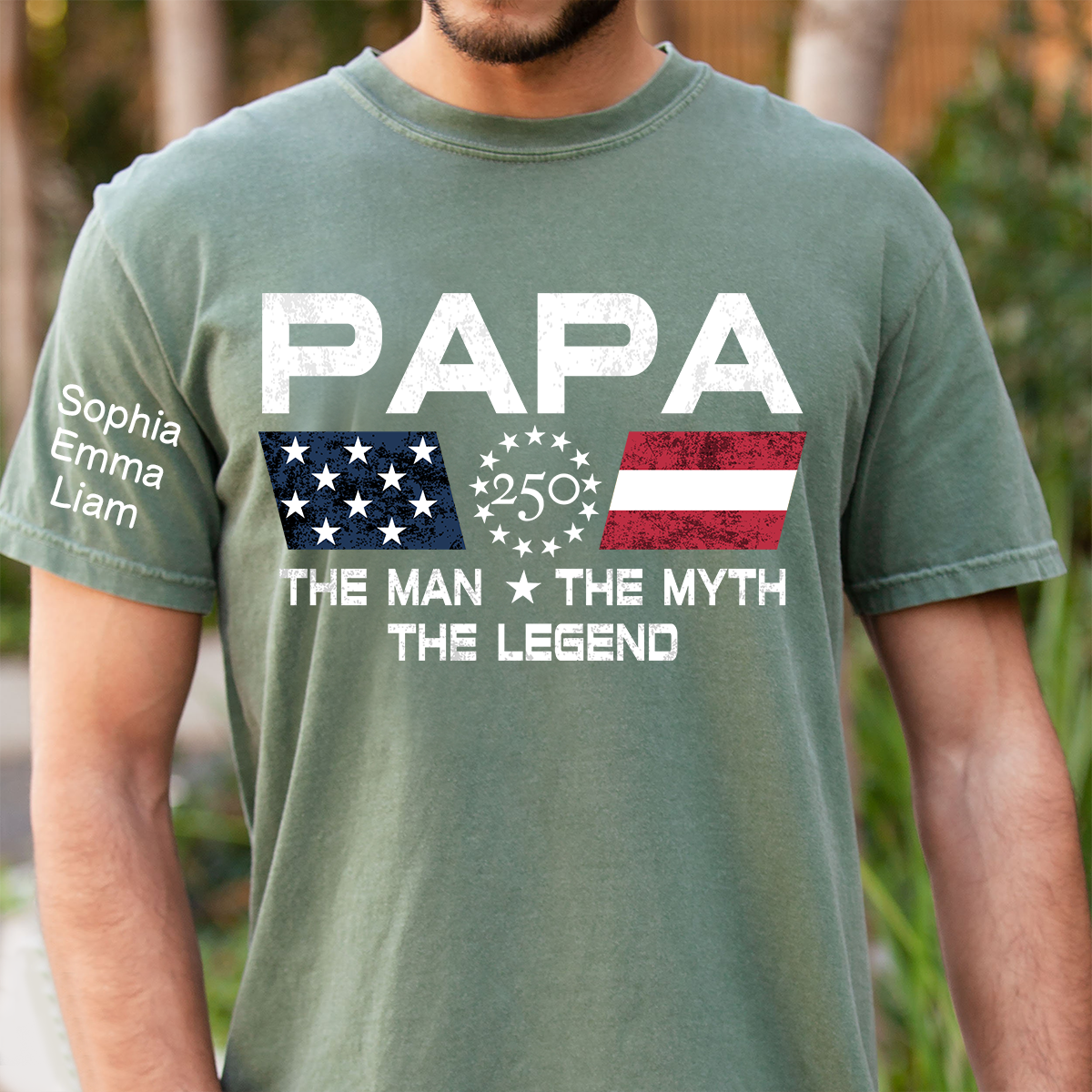 Personalized Papa Patriotic Shirt Custom Kids Names Sleeve, American Flag The Man Myth Legend, U.S. 250th Anniversary, 4th of July Shirt