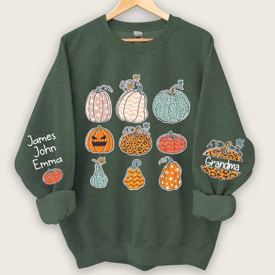 Personalized Grandma Pumpkin Varieties And Grandkids Names Sweatshirt