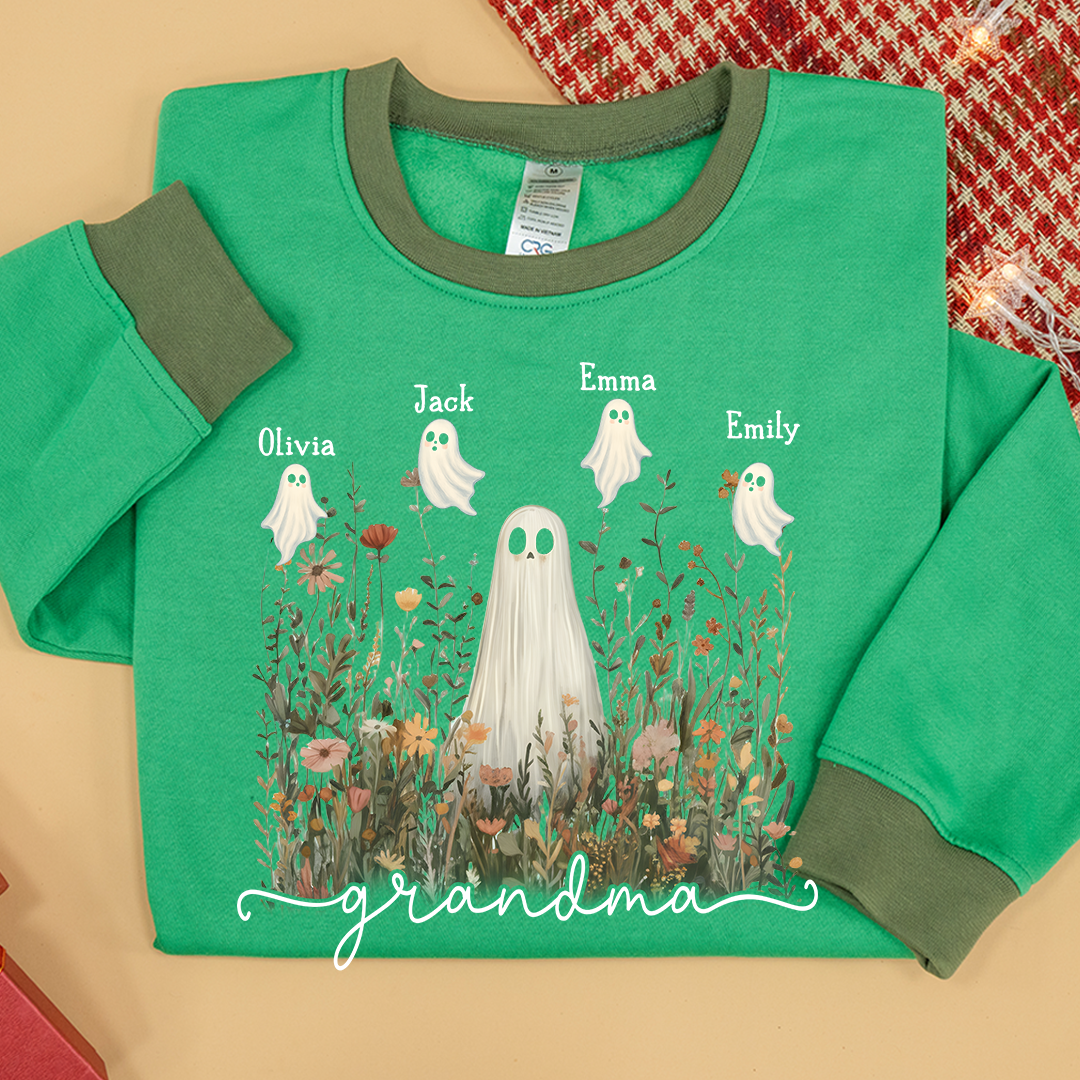 Grandma Cute Ghost in Wildflowers And Grandkids Fall Sweatshirt Mix
