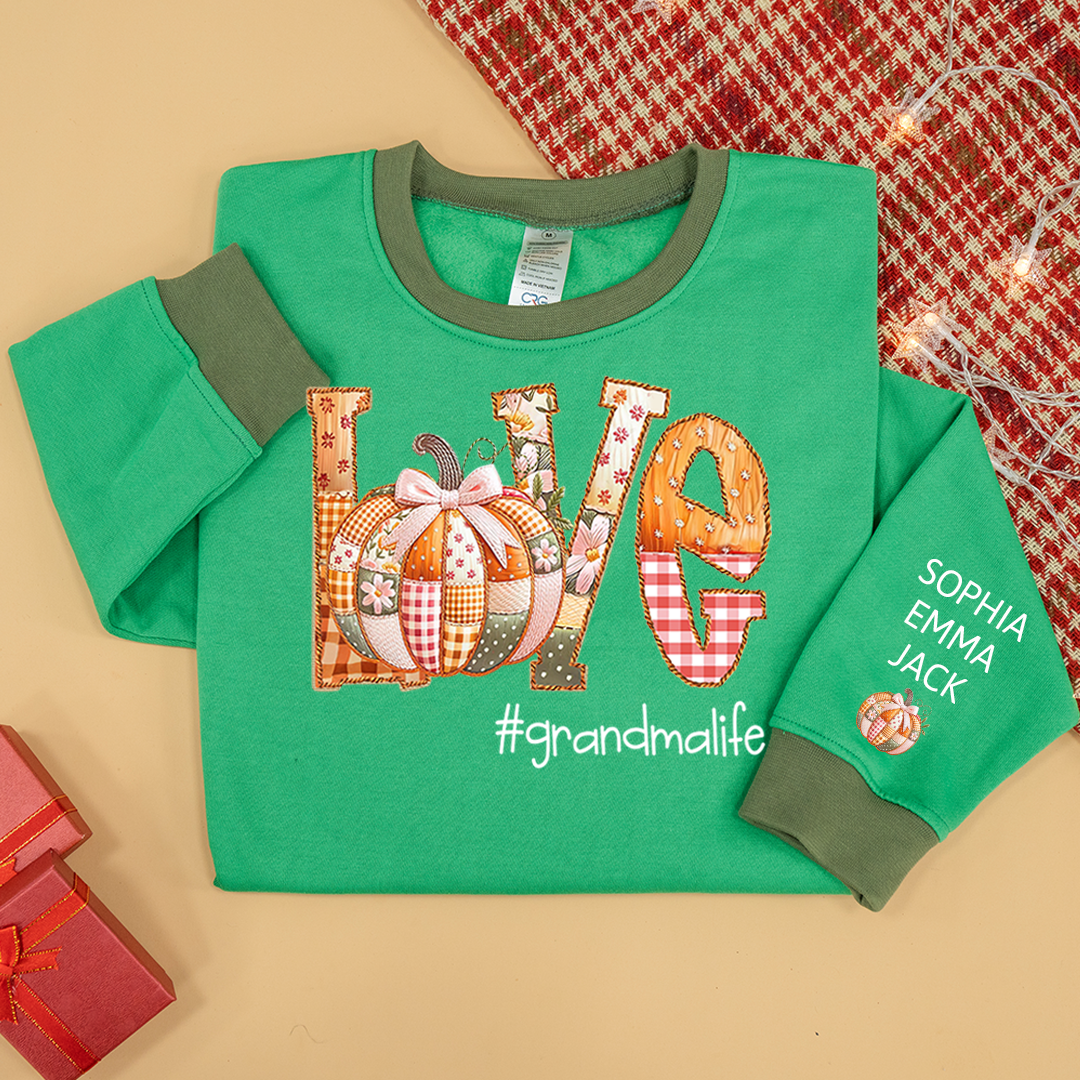 Personalized Love Grandmalife Pumpkin Patchwork Fall with Grandkids Names, Holiday Design, Cozy Family Gift for Grandma Sweatshirt Mix