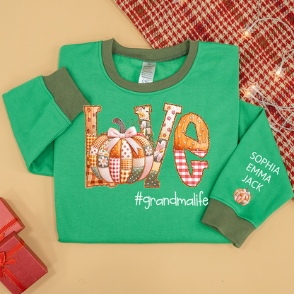 Personalized Love Grandmalife Pumpkin Patchwork Fall with Grandkids Names, Holiday Design, Cozy Family Gift for Grandma Sweatshirt Mix