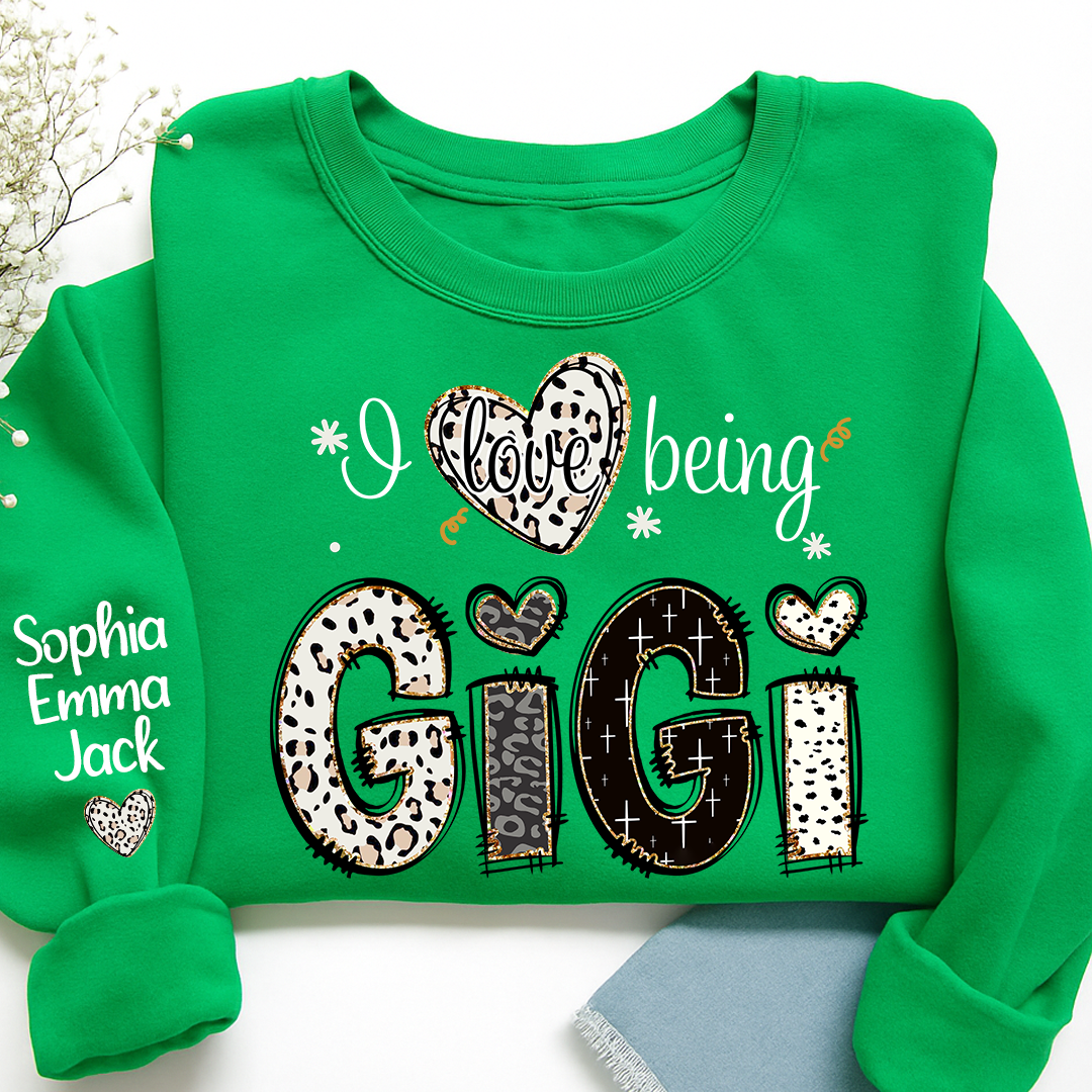 I love being Gigi Bible Style Gift For Grandma And Grandkids Names on Sleeve Sweatshirt