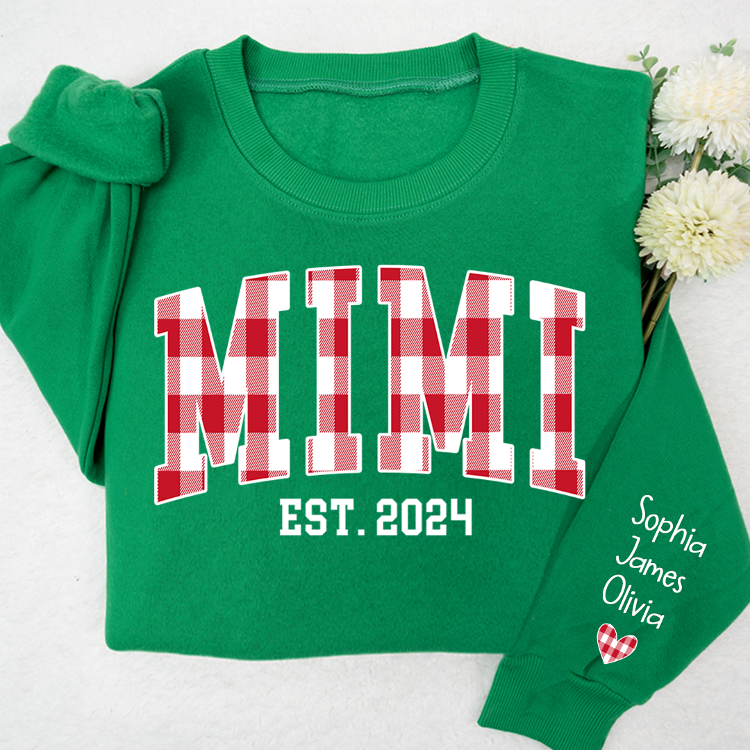 Personalized Nickname Mimi Buffalo Plaid And GrandKids Names Christmas 2024 Sweatshirt