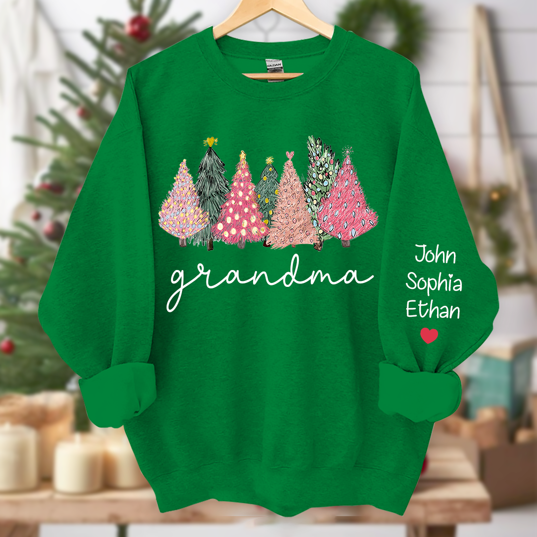 Grandma Christmas trees lights snow pink green cozy winter And Grandkids Names  Sweatshirt