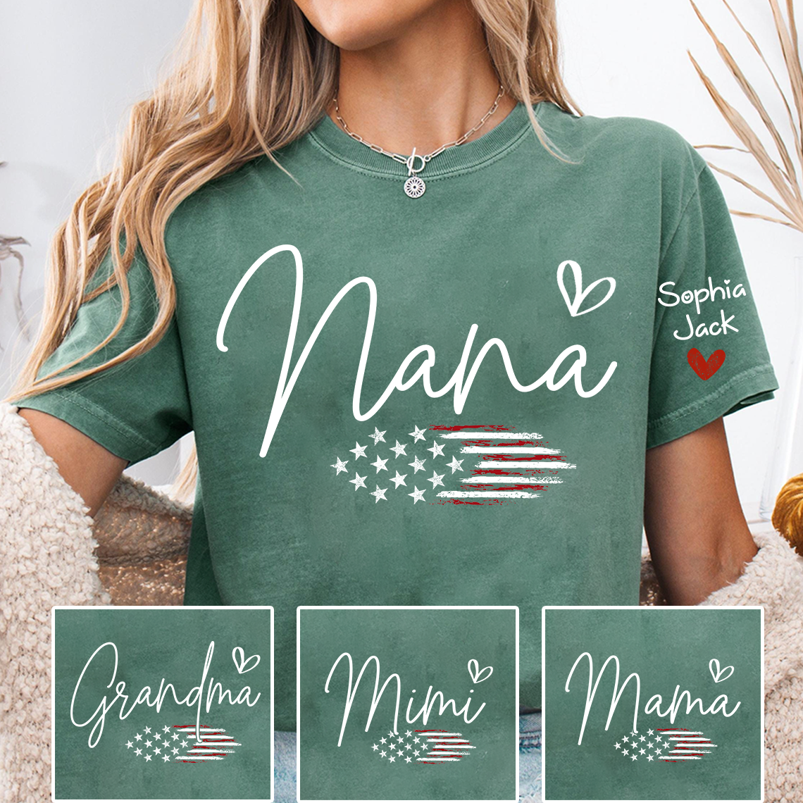Personalized Nana American Flag T-Shirt, Custom Design with Name, Patriotic Family Shirt for 4th of July, Gifts for Mother's Day, Birthday