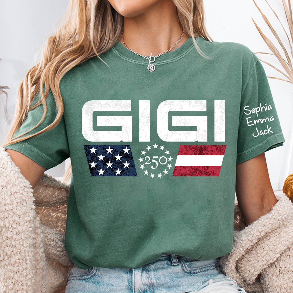 Personalized Grandma Gigi Mimi Nana Shirt Custom Kids Names Sleeve, U.S. 250th Anniversary Patriotic Flag 4th of July Family, Gift For Mother's Day Birthday