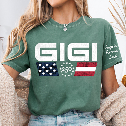 Personalized Grandma Gigi Mimi Nana Shirt Custom Kids Names Sleeve, U.S. 250th Anniversary Patriotic Flag 4th of July Family, Gift For Mother's Day Birthday