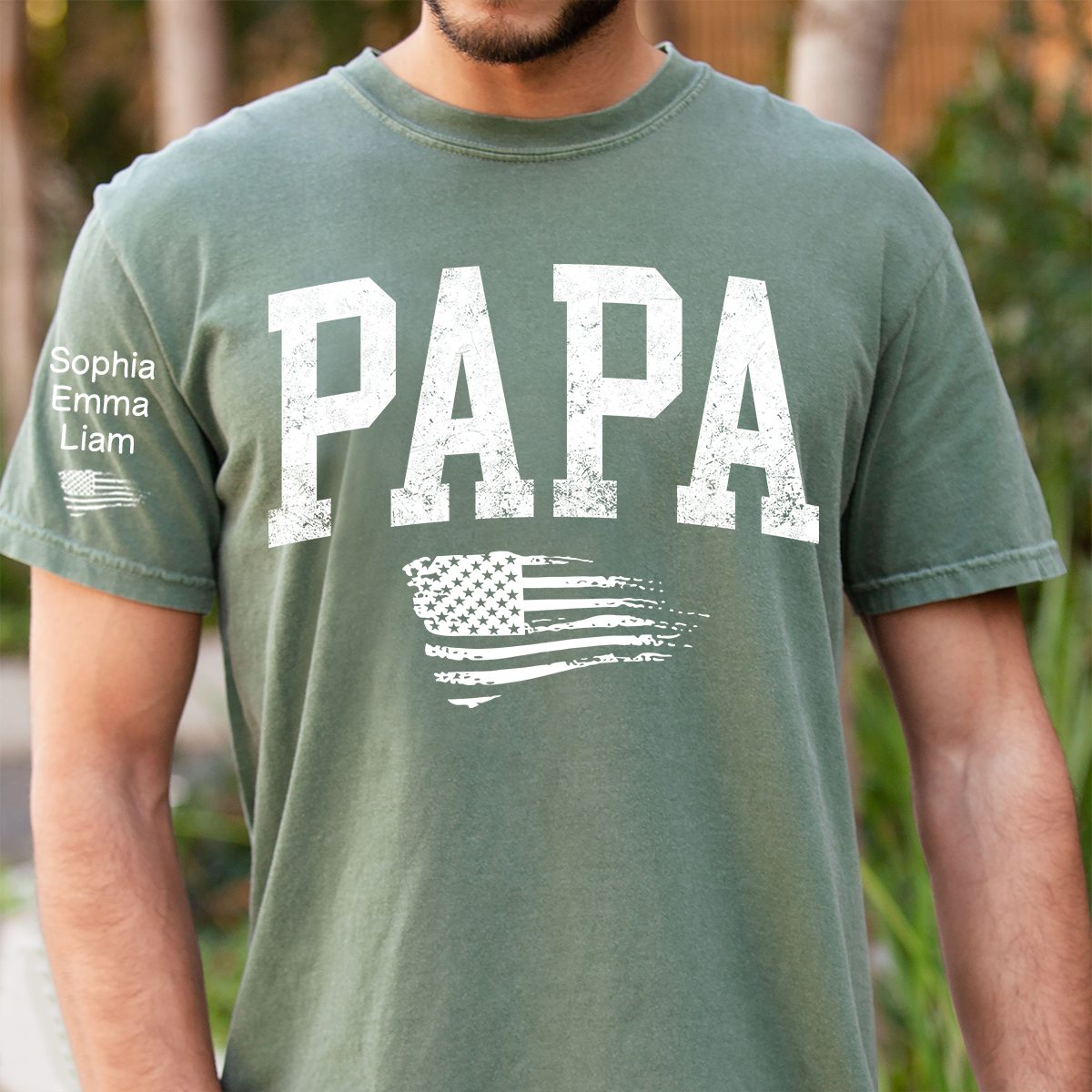 Personalized Papa Shirt with Grandkids Names, Patriotic Flag Custom Sleeve Tee, Fathers Day Birthday Gift for Grandpa