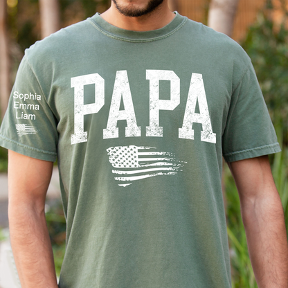 Personalized Papa Shirt with Grandkids Names, Patriotic Flag Custom Sleeve Tee, Fathers Day Birthday Gift for Grandpa