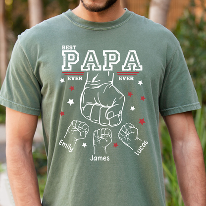 Best Papa Ever Shirt, Personalized Grandpa Fist Bump T Shirt with Kids Names, Custom Papa Papaw Poppy Grandpa Gift for Father's Day Birthday Tee