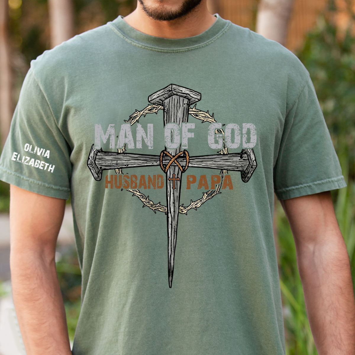Personalized Man of God Shirt with Custom Kids Names on Sleeve, Christian Papa Shirt, Husband Faith Cross T Shirt, Religious Father's Day Gift for Dad Grandpa