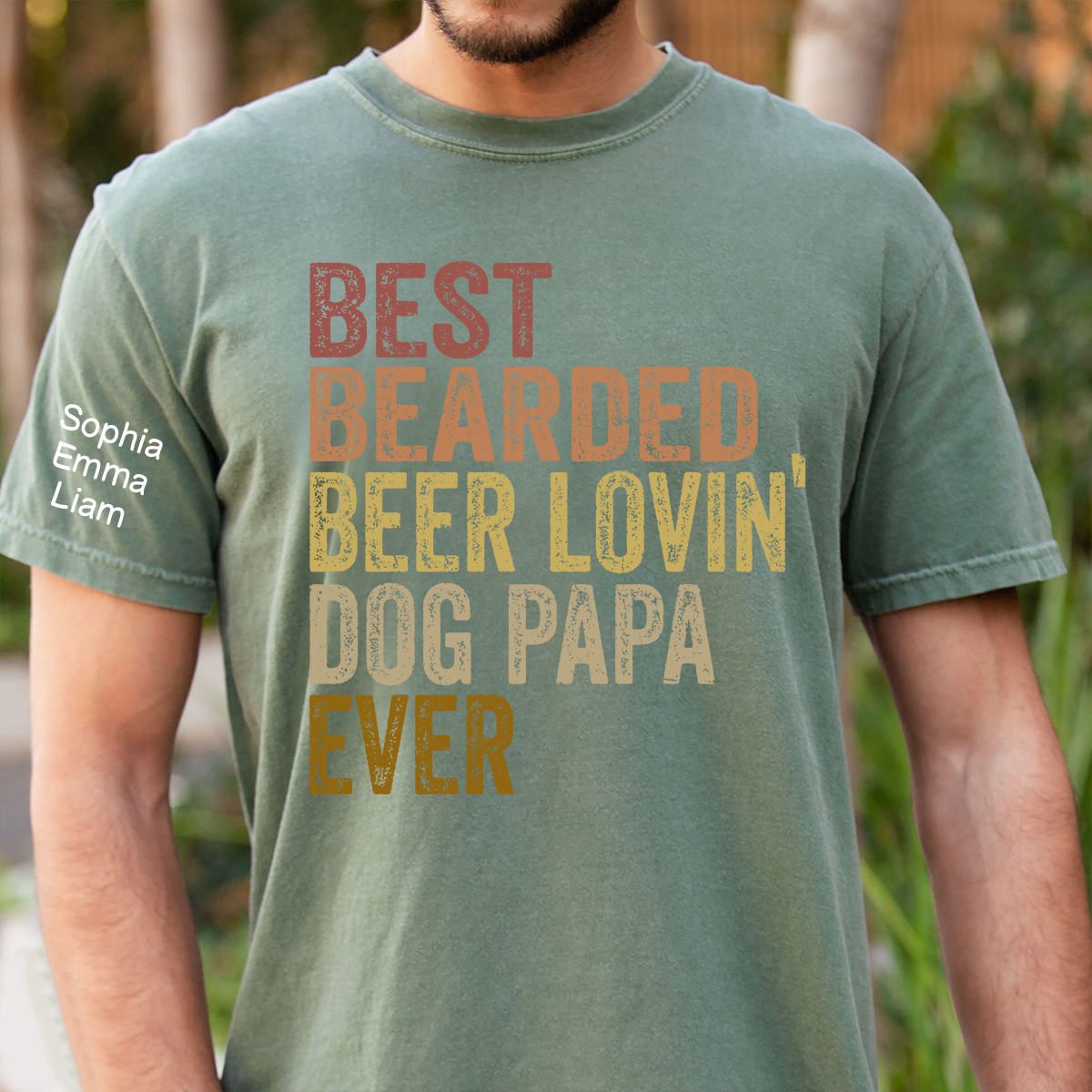 Personalized Dog Papa Shirt, Best Bearded Beer Lovin' Dad Grandpa T-Shirt with Kids Names, Funny Fathers Day Birthday Gift for Men