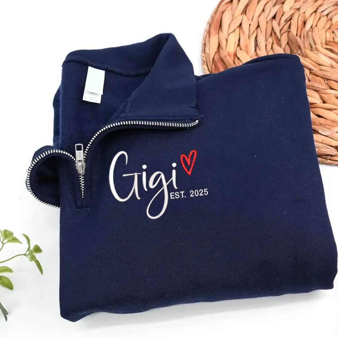 Custom Gigi Heart Est Sweatshirt, Personalized Gigi And Grandkids Embroidered Quarter Zip Sweater