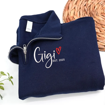 Custom Gigi Heart Est Sweatshirt, Personalized Gigi And Grandkids Embroidered Quarter Zip Sweater