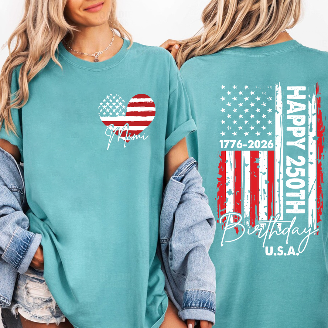 Personalized Mimi Patriotic Heart Flag Shirt, Happy 250th Birthday USA Grandma Shirt for Nana Gigi Mimi, 250 Years of Freedom 4th of July Comfort Colors® Shirt