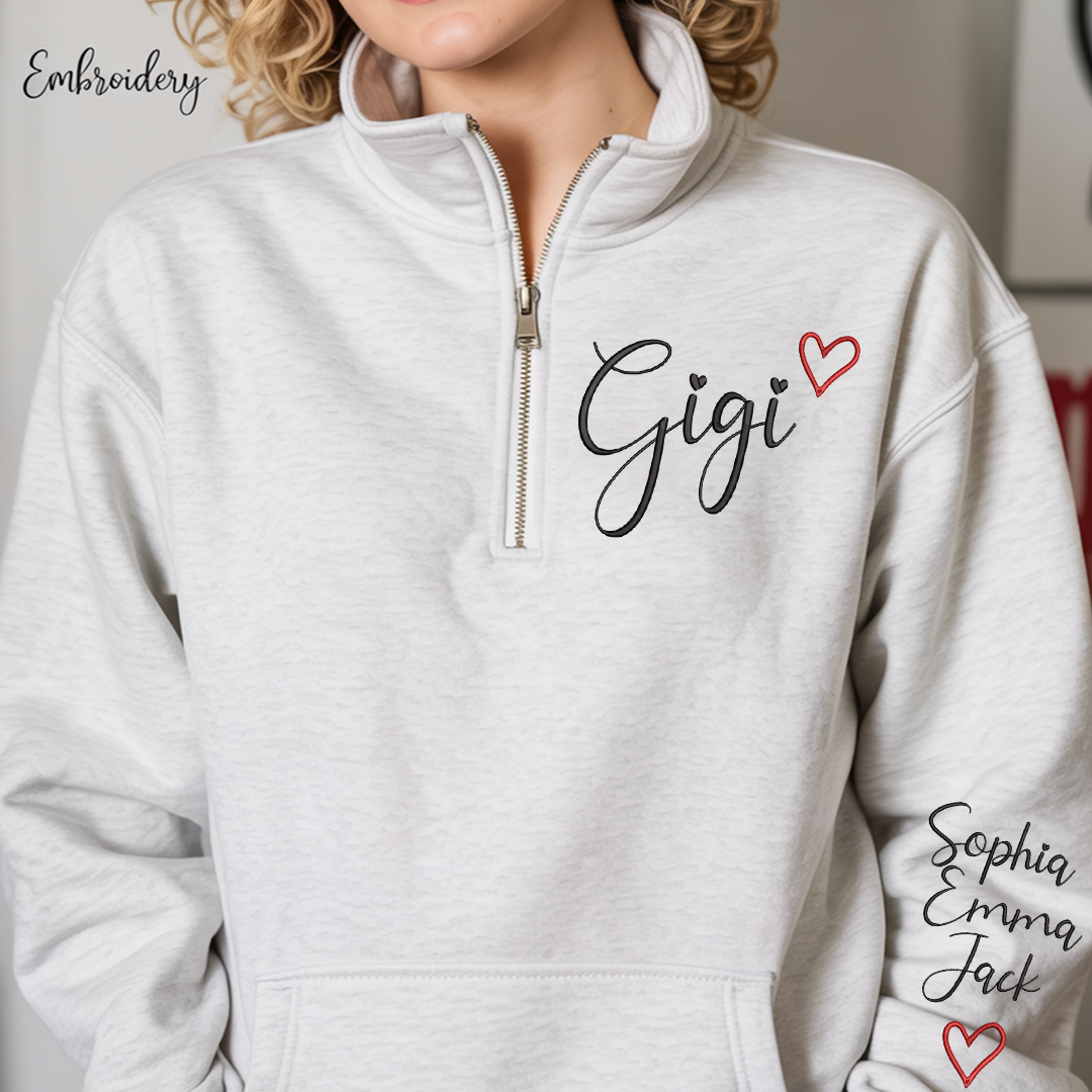 Gigi Heart Sweatshirt, Personalized Gigi Embroidered Quarter Zip Sweater