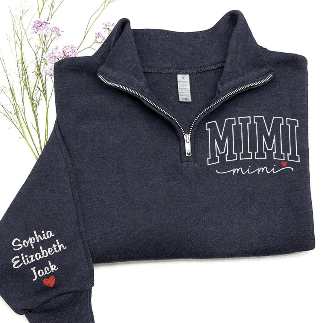 Personalized Mimi Sweatshirt, Mimi Heart And Grandkids Embroidered Quarter Zip Sweater