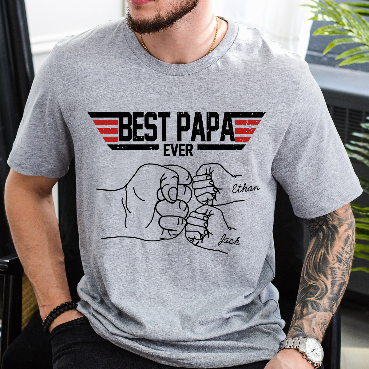 Best Papa Ever Shirt Personalized Kids Names, Custom Grandpa Fist Bump T Shirt for Dad Papa Grandfather, Fathers Day Family Gift