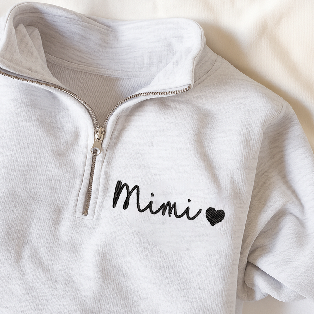 Personalized Mimi Heart Sweatshirt, Mimi And Grandkids Embroidered Quarter Zip Sweater