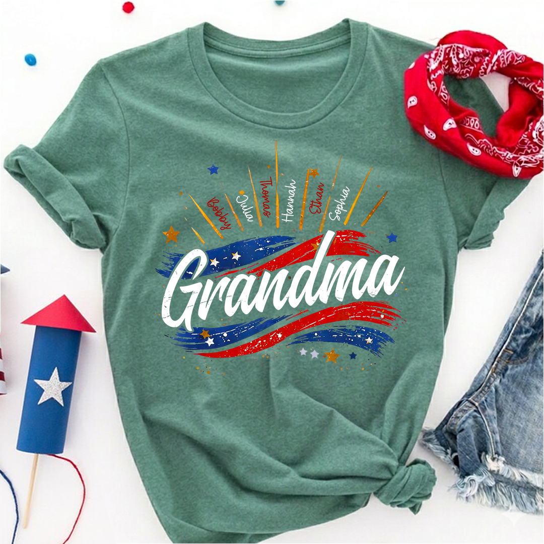 Personalized Grandma Shirt, Custom American Flag Design with Kids' Names, Family T Shirt for 4th of July