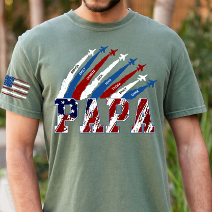 Personalized Papa Airplane Shirt, Custom Kids Names Patriotic T Shirt for Papa, 4th of July American Flag Family Gift