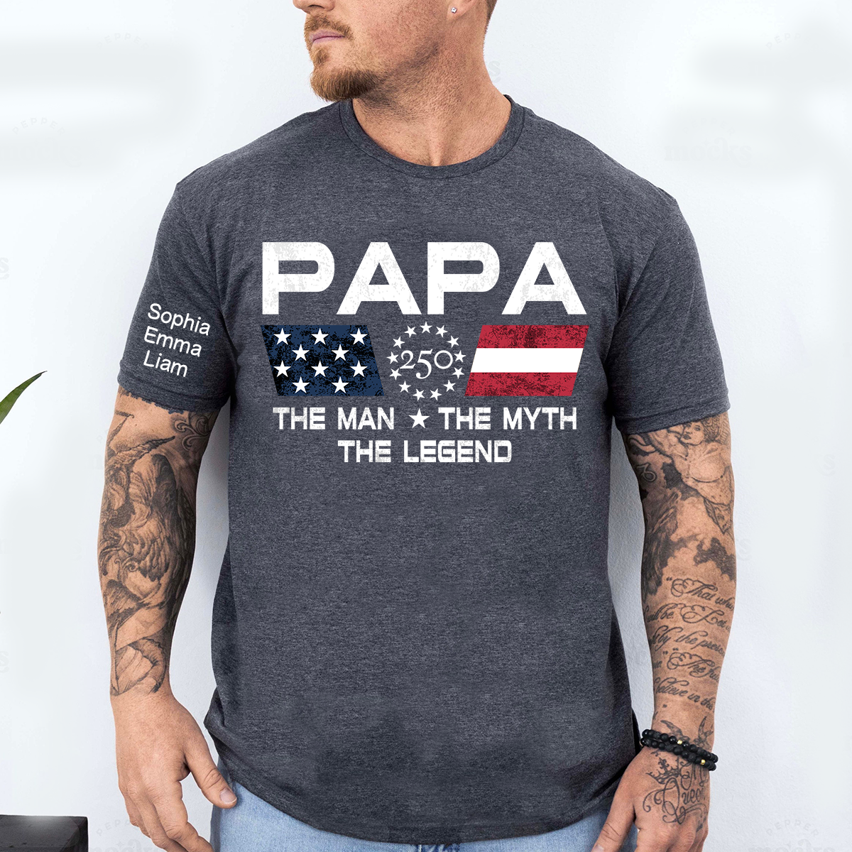 Personalized Papa Patriotic Shirt Custom Kids Names Sleeve, American Flag The Man Myth Legend, U.S. 250th Anniversary, 4th of July Shirt