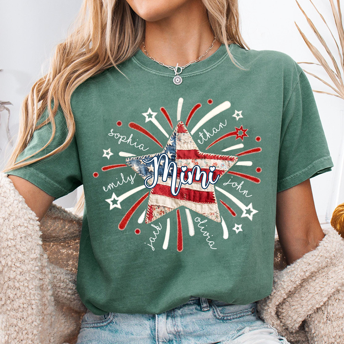 Personalized Mimi Patriotic Patchwork Star Shirt Custom Kids Names, American Flag Fireworks Graphic T Shirt for Grandma Nana Gigi, 4th of July Family Gift