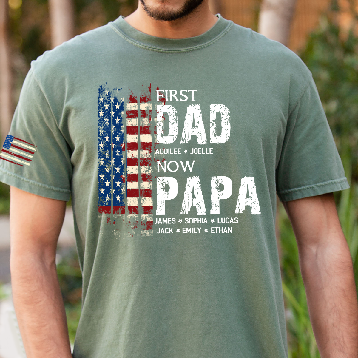 Personalized First Dad Now Papa Shirt Custom Kids Names, Patriotic American Flag for Grandpa Dad, Family Gift for Fathers Day Birthday