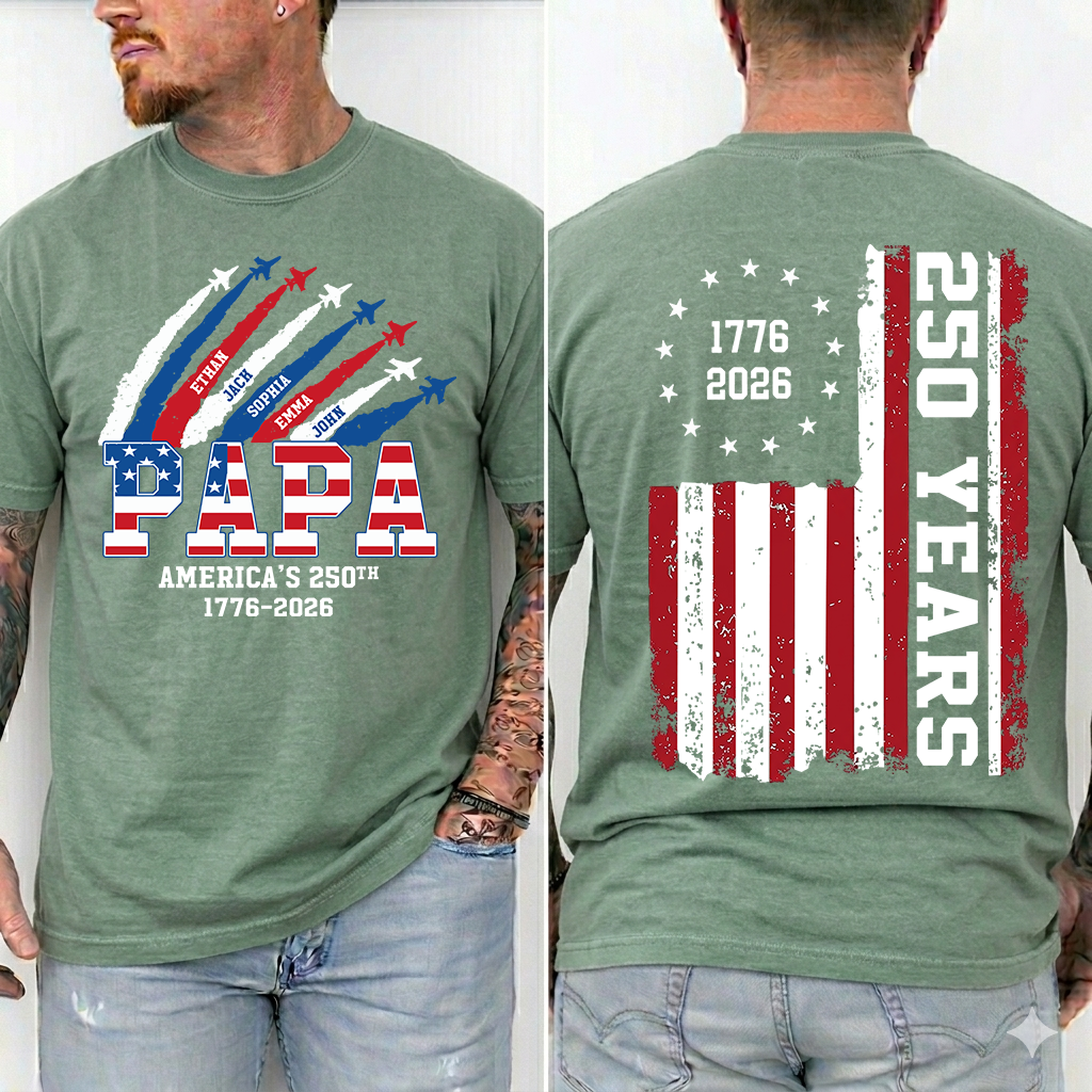 Personalized Papa America's 250th Anniversary Shirt Custom Kids Names, Patriotic Airshow Family Shirt, U.S. 250th Anniversary 1776 2026 Independence Day Apparel
