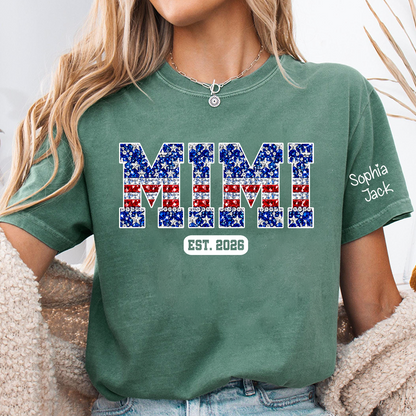Mimi Faux Rhinestone Patriotic USA Flag Shirt Custom Nickname T-Shirt with Kids Names on Sleeve Est 2026 4th of July Mothers Day Family Matching Tee for Grandma Nana Gigi